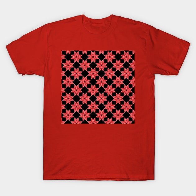 Red And White Flower Tile Geometric Pattern T-Shirt by LozzieElizaDesigns